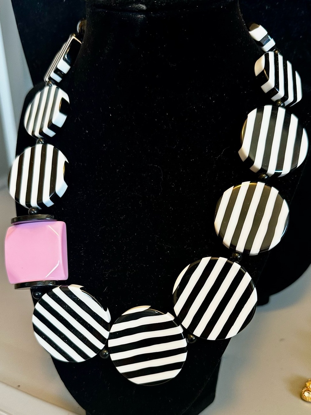 Black & White Striped Statement Necklace with Pink Accent